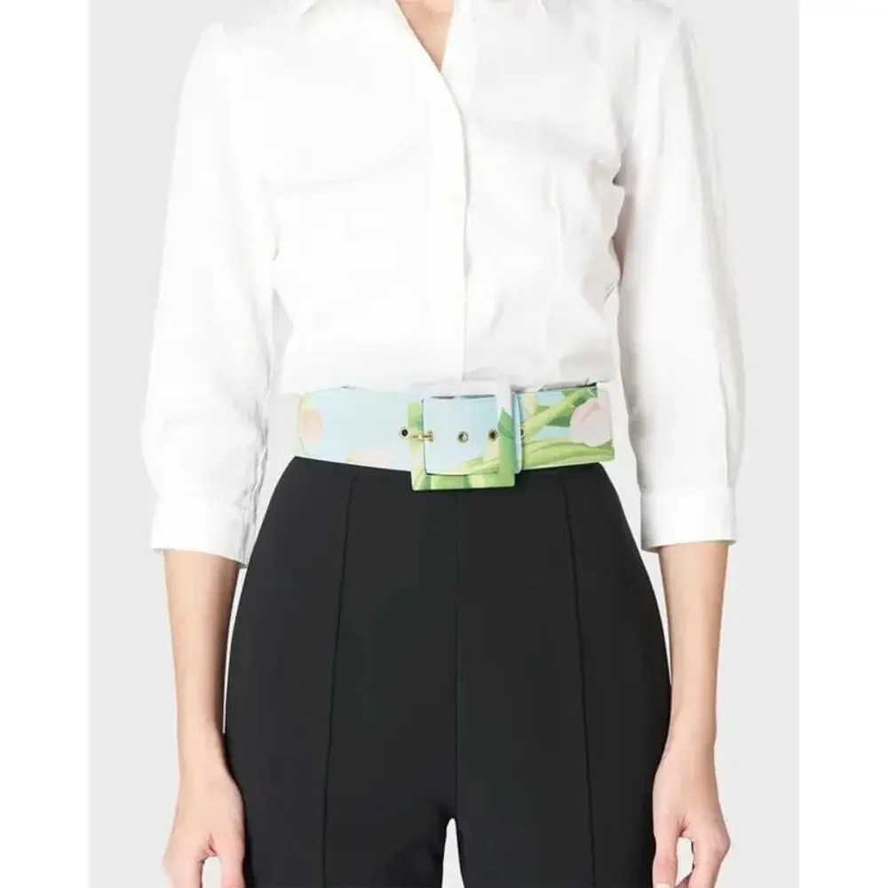 Carolina Herrera Floral Square-Buckle Icon Wide Belt Sky‎ Blue Leather L NEW
